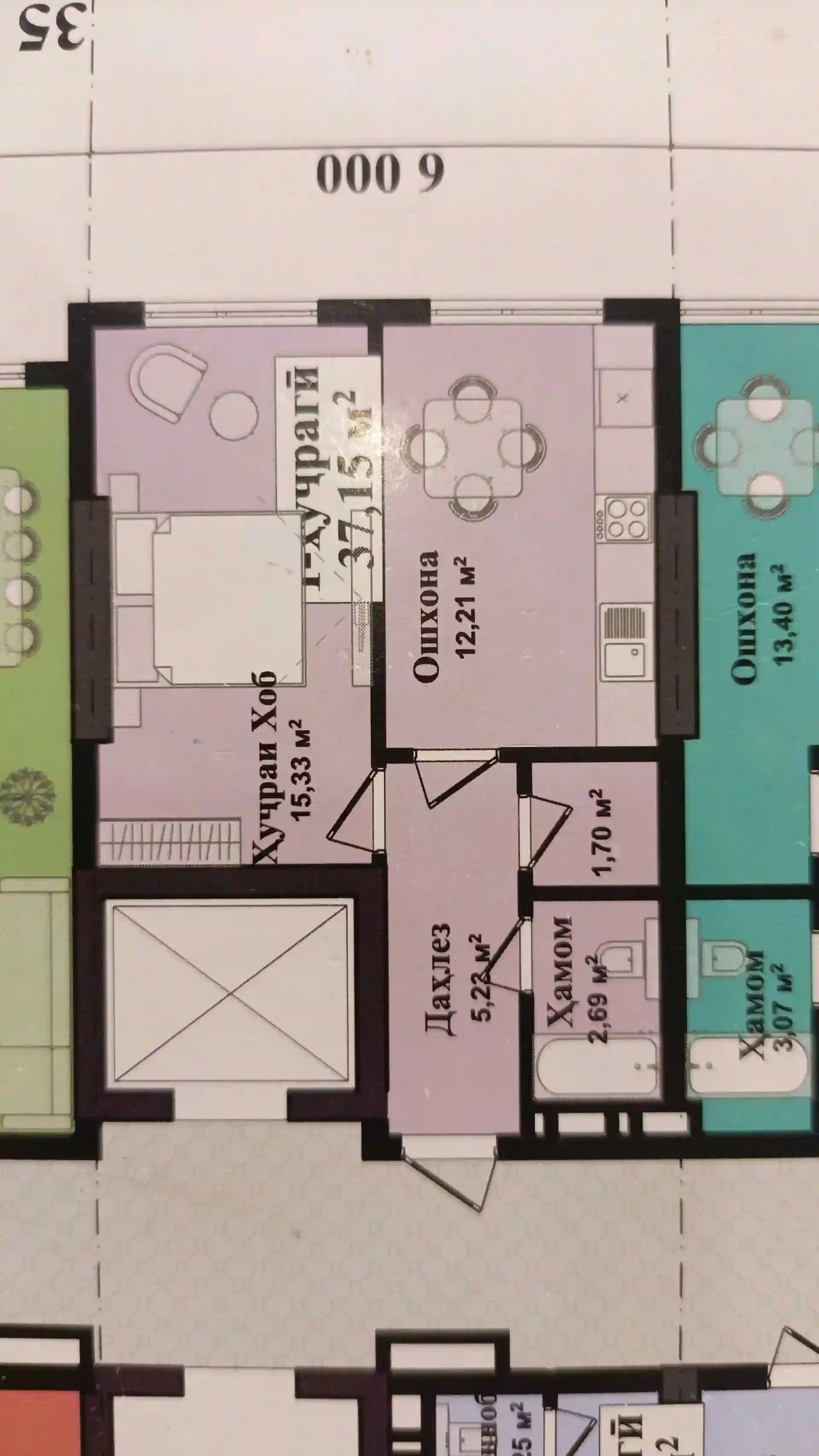 1-к квартира, 3 этаж, 37 м², Рудаки